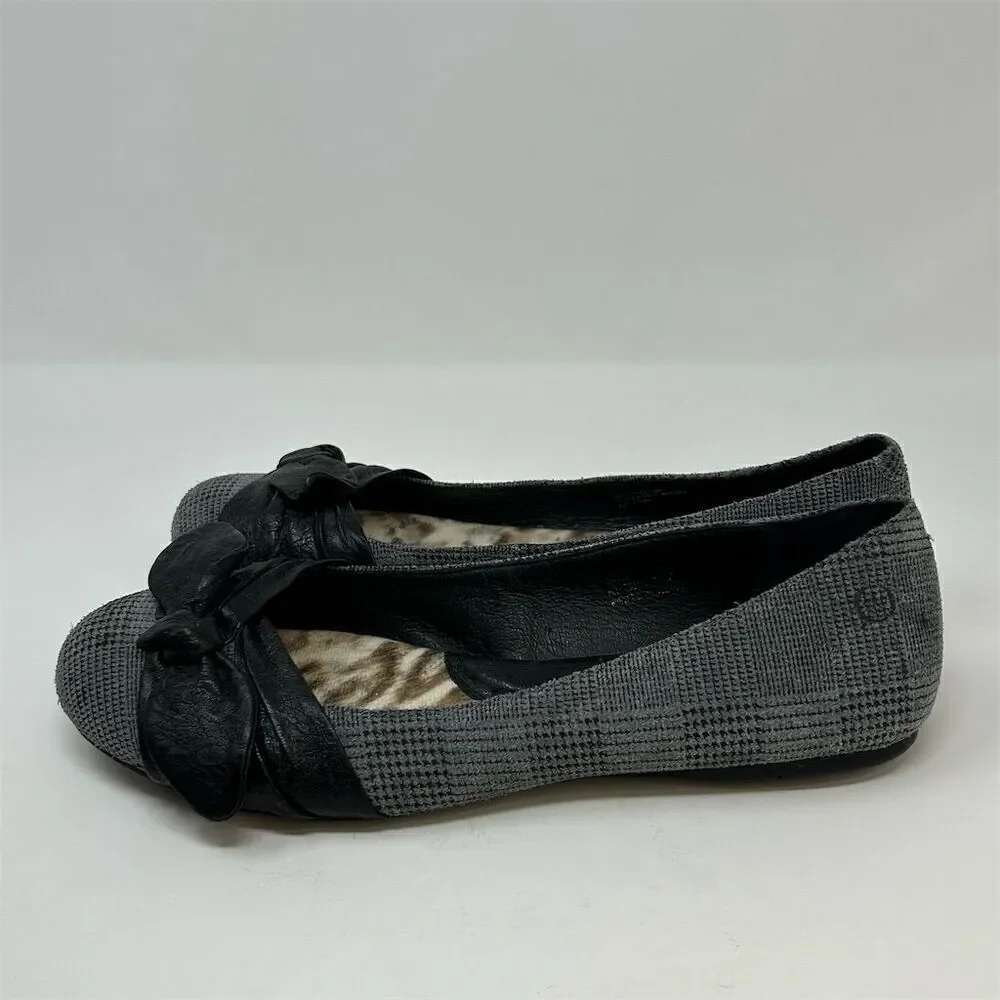 Born Women's Molly Ballet Flats Gray Plaid Black Bold Bow Size 9 Casual Fall